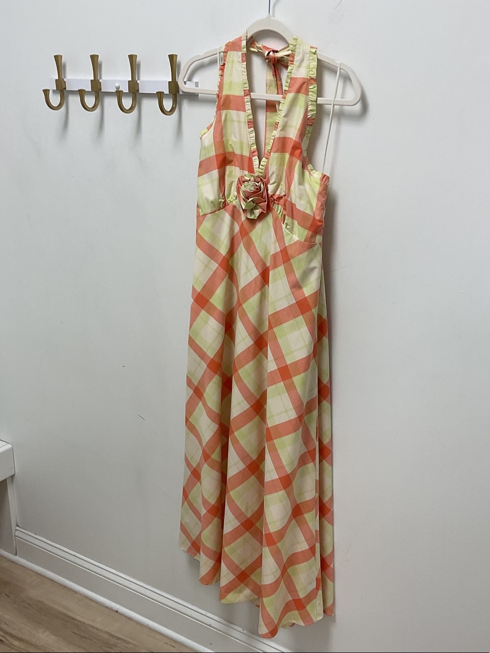 Steve Madden Tania Yellow & Orange Plaid Halter Maxi Dress with Rosette